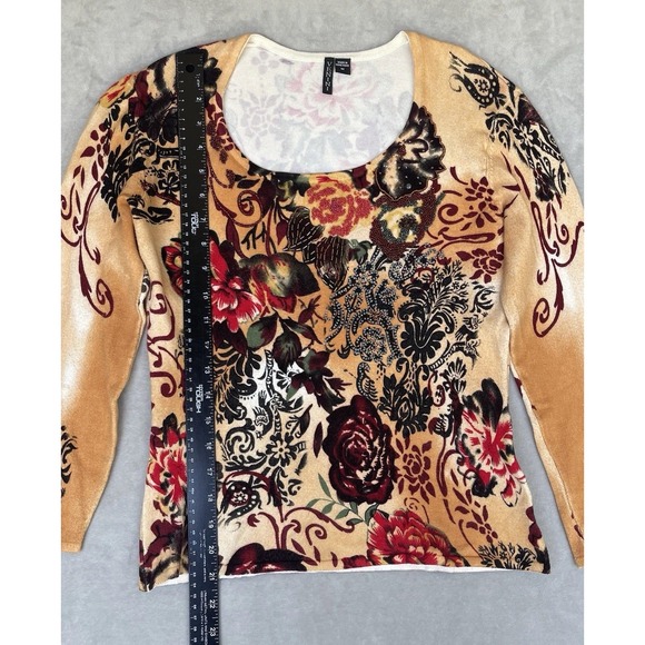 Vintage Venini Shirt Womens Medium Yellow Floral Stretch‎ Beaded Asian Oriental - Picture 5 of 8